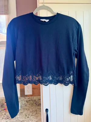 Miss Selfridge ASOS Black Long Sleeve Crop Top Lace Hem Size 2 Small thumbnail 2