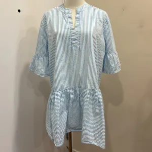 Addison Bay Blue White Striped Tiered Mini Sun Shirt Dress Cotton Poplin Medium thumbnail 2