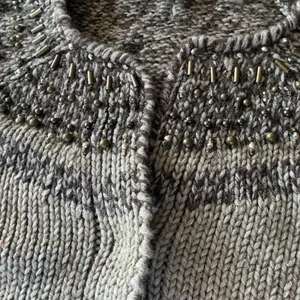J. Jill Beaded Studded Neckline Cardigan Sweater Beige Wool Blend Large thumbnail 2