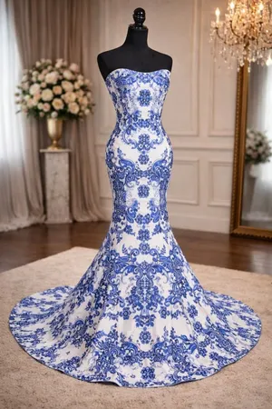 Terani Couture Glamour Strapless Blue&White Porcelain Print Mermaid Gown Formal thumbnail 1