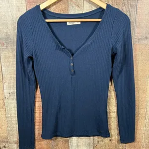 Hollister Y2K Ribbed Henley Top Navy Blue Long Sleeve Fitted Small Shirt Indie thumbnail 1