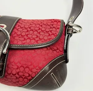 RARE Vintage Coach Mini Soho Signature Red Jacquard Brown Leather Flap Buckle Shoulder Bag thumbnail 4