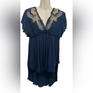 Free People Fiesta Embroidered Navy Top Tuni Sz M thumbnail 3