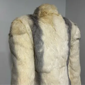 Vintage Rabbit‎ Fur Jacket Cream Grey Striped Button Front Coat Womens Medium thumbnail 2