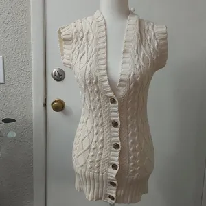 Aerie Cable Knit Cream Sweater Vest XS GrandmaCore Cozy Comfy Winter Cabincore thumbnail 3