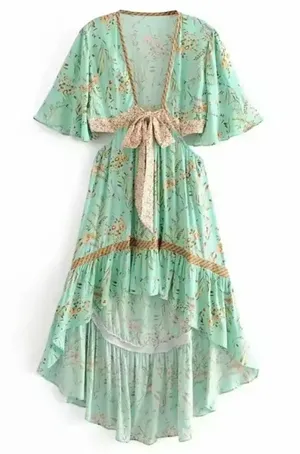 Bohemian Sage Floral High-Low Tie-Waist Boho Festival Dress S thumbnail 1