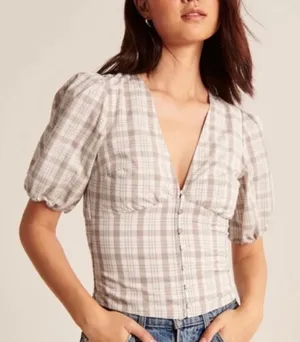 Abercrombie | Plaid V-Neck Puff Sleeve Button Top thumbnail 1