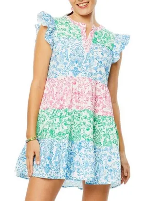 Roller Rabbit Hilla Tiered Block Print Mini Dress Multi-Color Cotton - Size L thumbnail 1