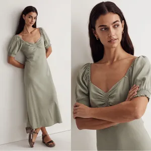 Madewell • Sweetheart Puff-Sleeve Midi Dress in Frosted Sage green bias cut thumbnail 2