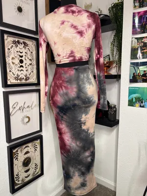 Hey Sammy 2Piece Set Maxi Skirt Crop Top TieDye Burgundy Grey Bodycon Size Small thumbnail 2