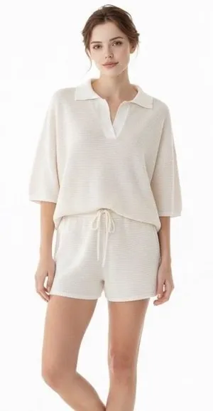 Lightweight‎ Knit 2 Piece Polo Top and Shorts Set Cream White Loungewear/ Resort thumbnail 1