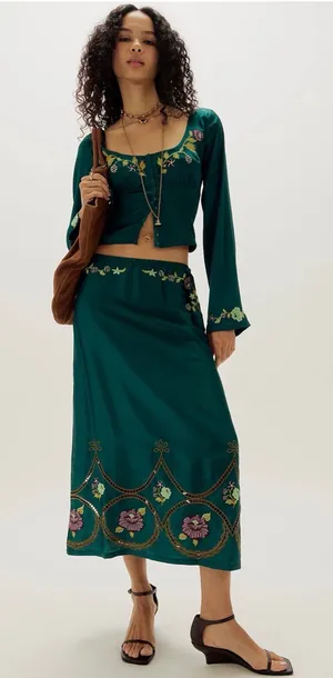 ✨🌲 Free‎ People Autumn Bloom Midi Skirt Set XS Embroidered Forest Green 🌲✨ thumbnail 1