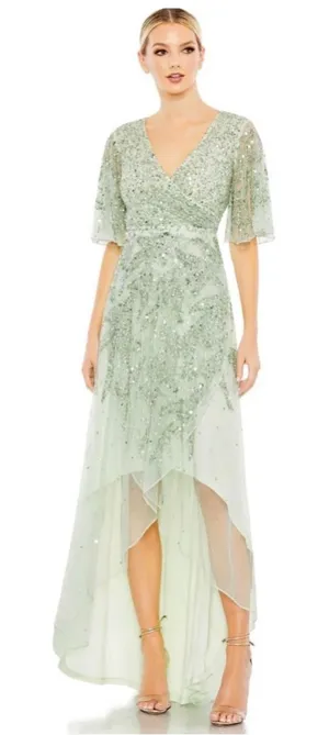 NWT Mac Duggal‎ 93681 Sage Green Sequined Butterfly Sleeve High Low GownSize 12 thumbnail 1