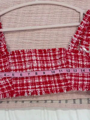 Self Portrait Red & White Boucle Square-Neck Crop Top size 6 thumbnail 8
