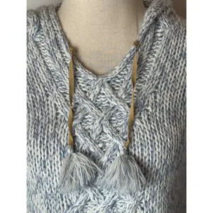 By Next Era Sweater Women Medium Blue White Cable Knit Hooded Pullover‎ Tassel thumbnail 6