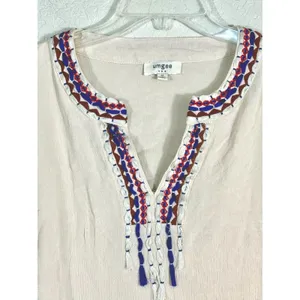 Umgee Embroidered Peasant Boho Blouse Tassel Tie Cream Bohemian Top M thumbnail 9