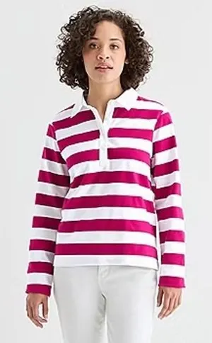 St. John's Bay Long‎ Sleeve Polo Shirt Magenta Jewel Stripe Small NWT Rugby thumbnail 1