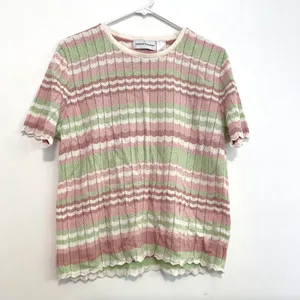 ALFRED DUNNER White Mauve Pink Green Chevron Striped Short Sleeve Sweater Top L thumbnail 2