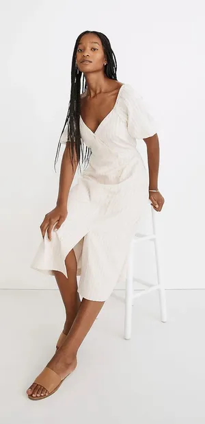 Madewell Puff-Sleeve Button-Wrap Striped Midi Dress Size 6 thumbnail 1