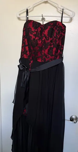 Strapless Red and Black Lace Evening Dress thumbnail 1