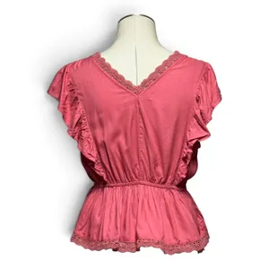 Abercrombie & Fitch Lace Trim V-Neck Flutter Sleeve Blouse Top Dusty Pink Large thumbnail 4