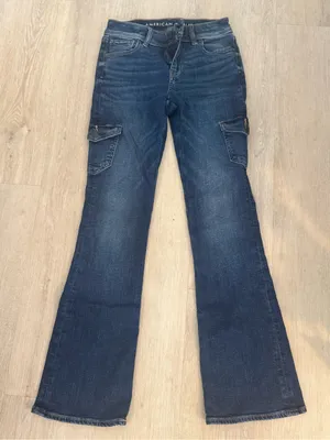 American Eagle Outfitters Dark Blue Flare Cargo Jeans thumbnail 1
