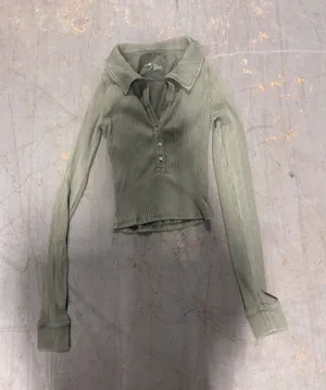 Aerie Womens Olive Green Ribbed Long Sleeve Henley Collar Top XS thumbnail 1