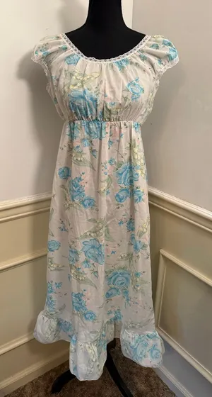 Vintage Handmade Cotton Floral Nightgown Dress Cottagecore Empire Waist Midi thumbnail 1