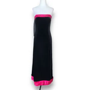 Vintage Dark Romance Velvet Strapless Maxi Dress Black Pink Rose Trim Romantic thumbnail 3