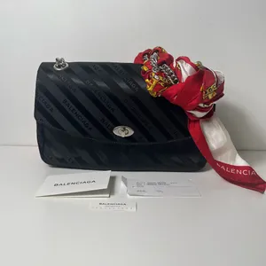 Balenciaga BB Satin Jacquard Black Logo Scarf Chain Shoulder Crossbody Bag Purse thumbnail 4