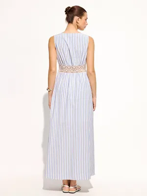 Commence Blue & White Striped Maxi Dress with Crochet Waist Small NWT Pocket s thumbnail 2