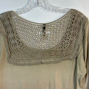 XCVI Ombre Cotton Crochet Lace Yoke 3/4‎ Sleeve Top Tan Brown XL thumbnail 5