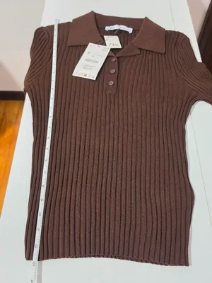 Zara Ribbed Knit Polo Top Long Sleeve - Brown - Size M - 3471 thumbnail 7