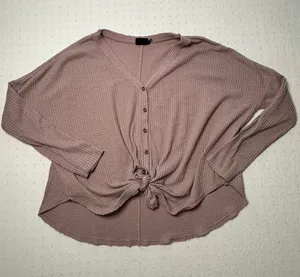Out From Under Waffle Knit Tie Front Button Top Mauve Pink M Oversized thumbnail 1