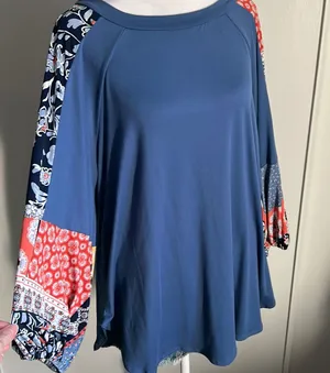 New Boho Balloon Sleeve Color Block Patchwork Jersey Knit Top Long Sleeve Blouse thumbnail 1