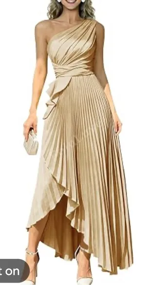 Elegant One Shoulder Pleated Asymmetrical Hemline Champagne 6 NWOT thumbnail 1