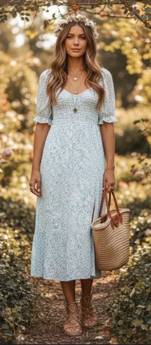 Abercrombie and Fitch Dress Womens XS Blue White Floral Smocked Boho Prairie thumbnail 1