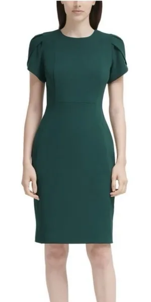 Calvin Klein Dark Green Tulip Sleeve Stretch Crepe Sheath Dress‎ Size 6 thumbnail 1