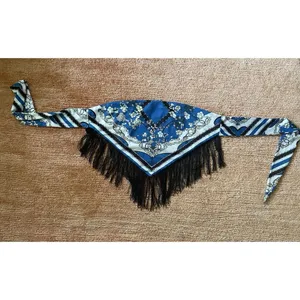 Blue Floral Stripe Fringe Bandana Tube Top L Strapless Tie Back Cotton Blend thumbnail 3