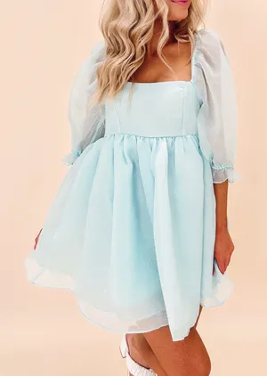 Entro Klesis Shimmery Puff Sleeve Square Neck Babydoll Dress Ice Blue thumbnail 1