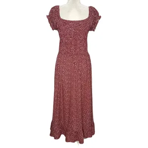 Urban Outfitters Large Rust Red Floral Smocked Dress Puff Sleeves Midi Maxi thumbnail 8