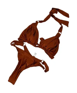 Metallic Bronze O-Ring Triangle Bikini Thong Set M 8 10 NWOT thumbnail 1