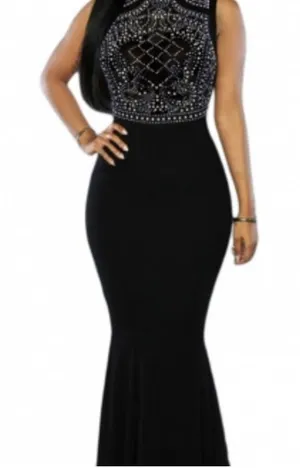 Size Large Long Rhinestone black sleeveless dress thumbnail 1
