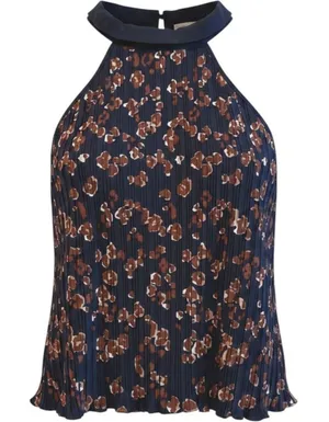 Entro Halter Blouse Navy Blue Floral‎ Pleated Boho Sleeveless Women Large thumbnail 1