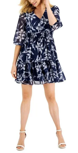 NWT Taylor Floral-Print Chiffon Smocked A-Line Dress 2835M 2 Navy Blue / Ivory thumbnail 1