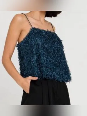 Anthropologie Sunday in Brooklyn Cami Feathered Tank Top L Lined Fringe Blue NWT thumbnail 7