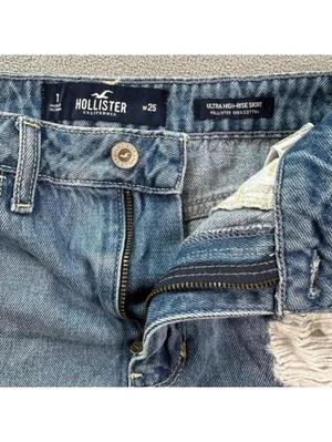 Hollister Ultra High Rise Distressed Denim Mini Skirt Y2K Blue Jean Raw Hem 1 25 thumbnail 4