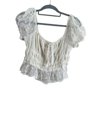Japna Women's White Lace Puff Sleeve Crop Top M thumbnail 2