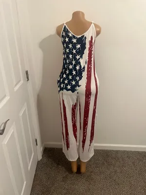 Show your style with this vibrant patriotic jumpsuit, featuring bold red, white, and blue colors. Perfect for any casual outing. thumbnail 5
