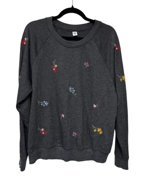 Old Navy Gray Floral Embroidered Raglan Pullover Sweatshirt Cozy Large Tall thumbnail 1